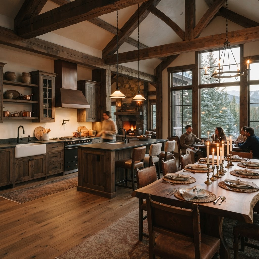 Warm chalet kitchen and dining area with soapstone counters and a long table