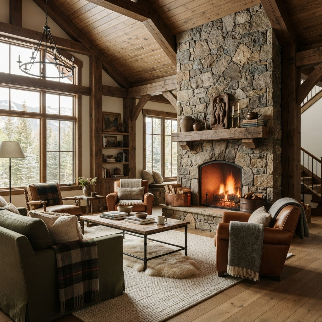 Chalet living room with a floor-to-ceiling stone fireplace and timber beams